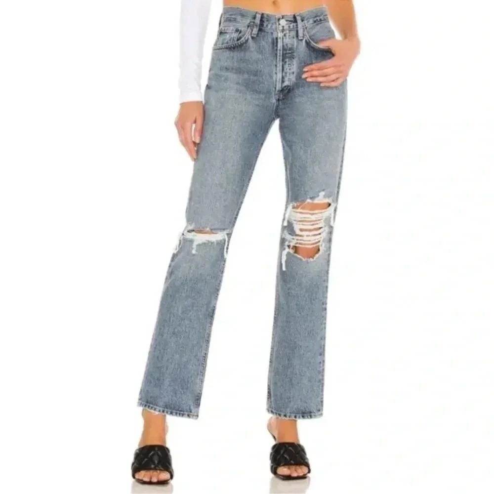 NWT AGOLDE Lana Straight Leg Jeans Denim High Rise Rips in Backdrop